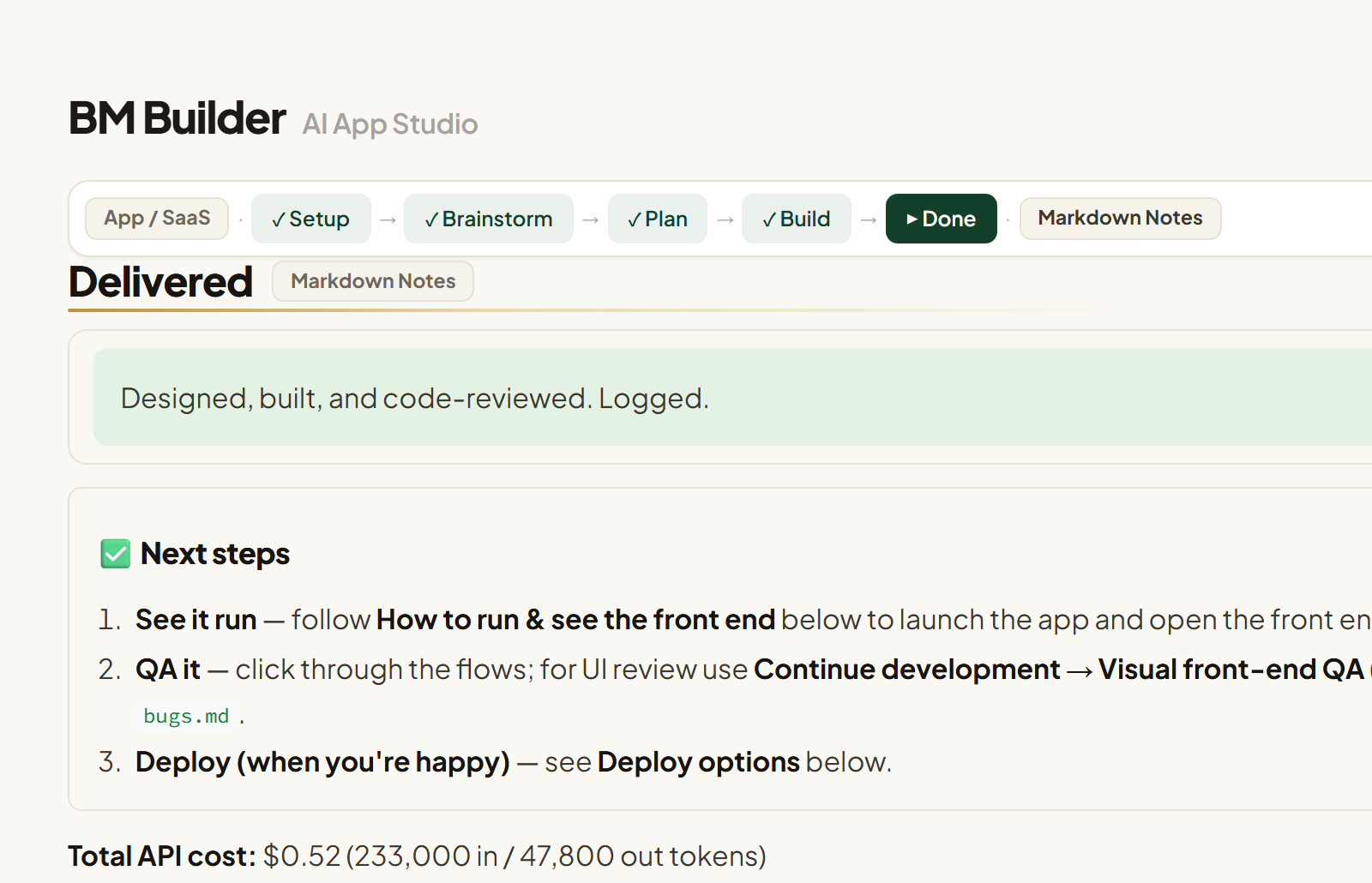 Delivered / next steps screen