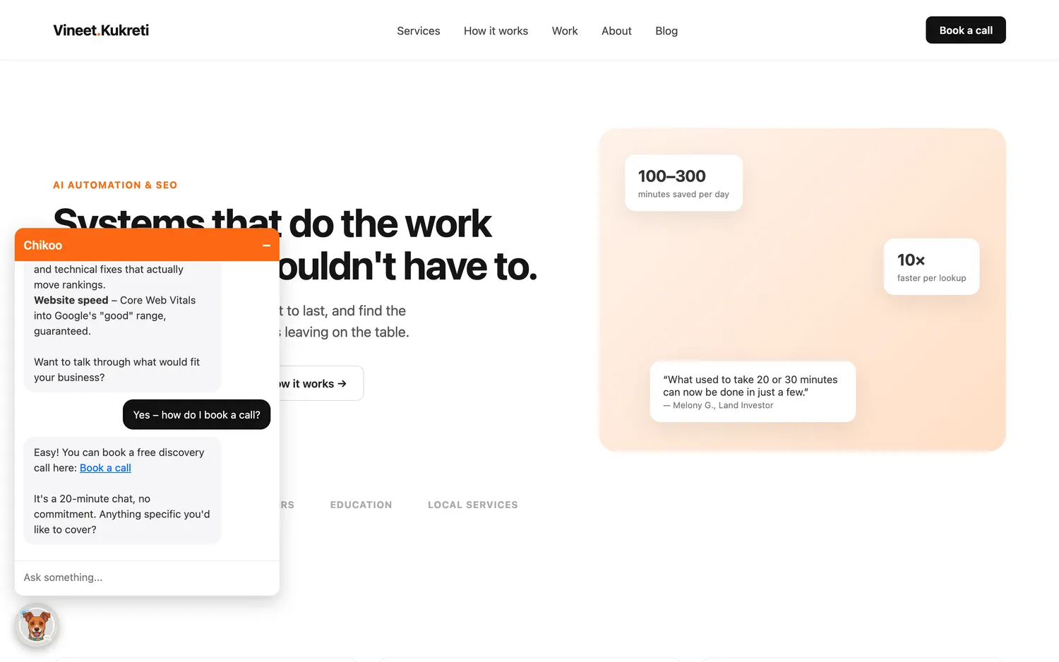 ChikooChat mid-conversation on a website, listing services with bold headings and offering a booking link