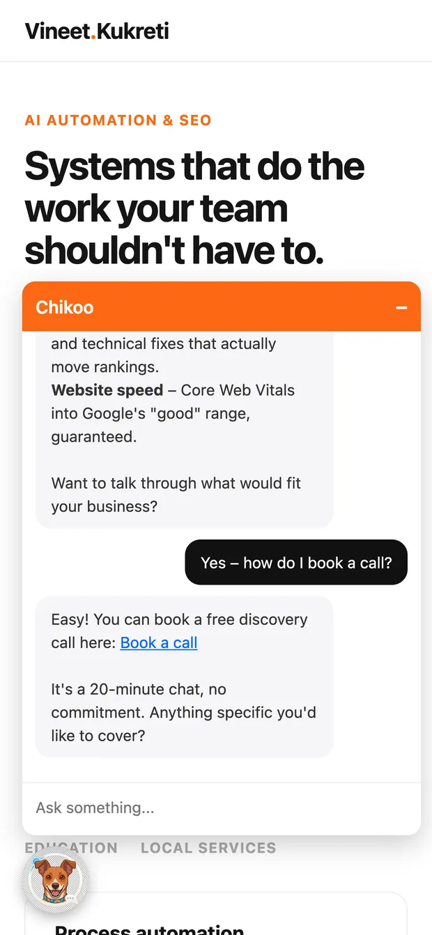 ChikooChat conversation on a mobile phone, showing streamed formatted answers and a booking link
