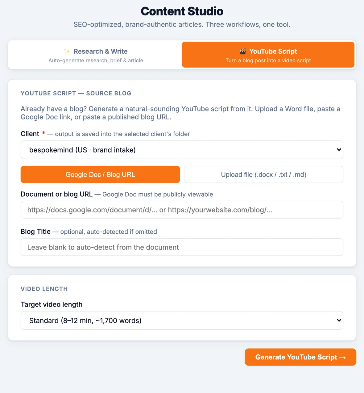 Simba Buddy Content Studio — YouTube script creator