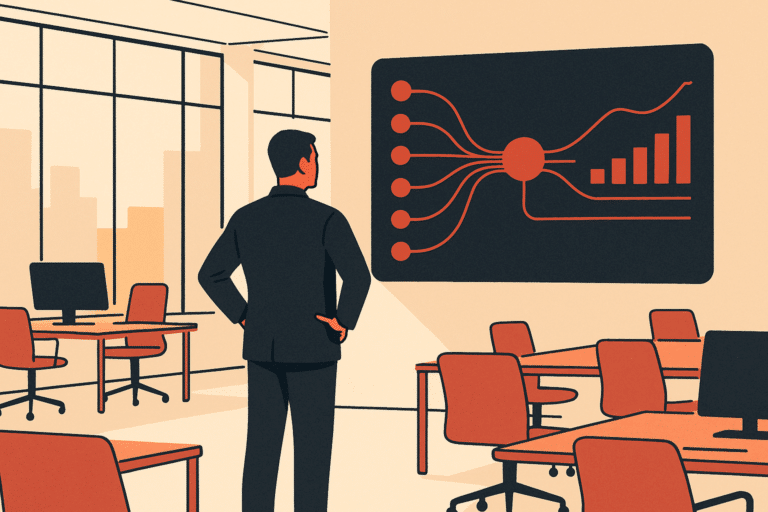 A wide cinematic shot of a calm operations leader standing in a modern open-plan office reviewing a large wall-mounted d