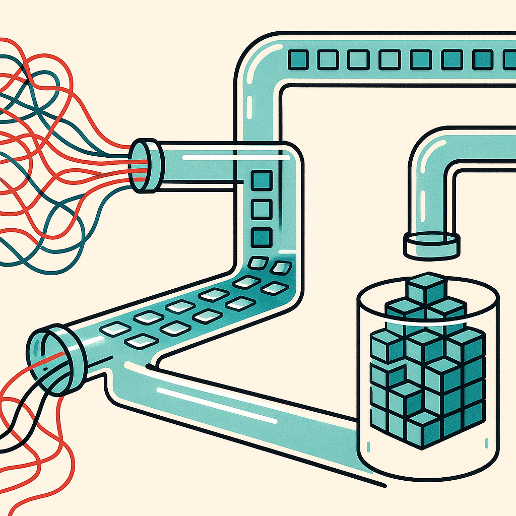 A close-up conceptual visualization of clean, organized data pipelines: glowing structured blocks of information flowing