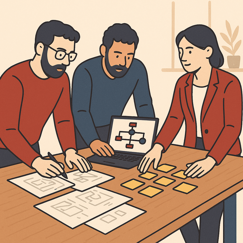 A small team of two technical consultants and a business owner collaborating at a table covered with sketches, a laptop 