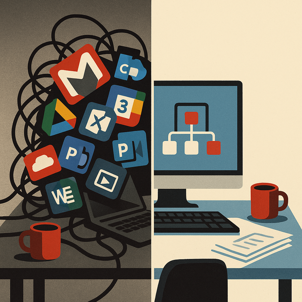A conceptual image of a cluttered desk overflowing with redundant software icons and tangled cables on one side, transit