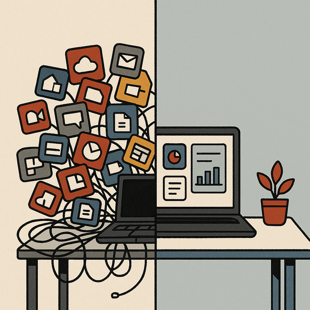 A conceptual image of a cluttered desk overflowing with redundant software icons and tangled cables on one side, transit