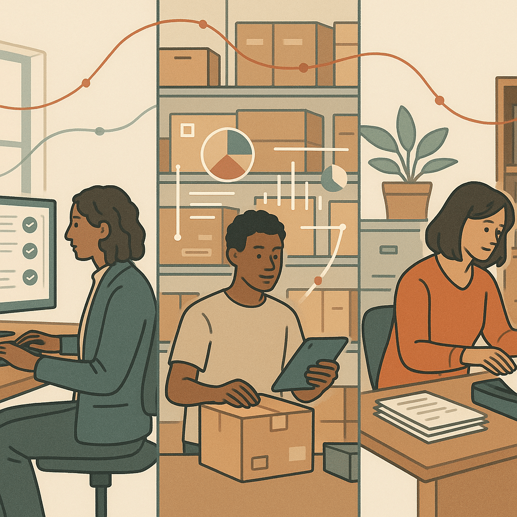 A split-scene illustration showing three small business settings at once: a property management office reviewing automat