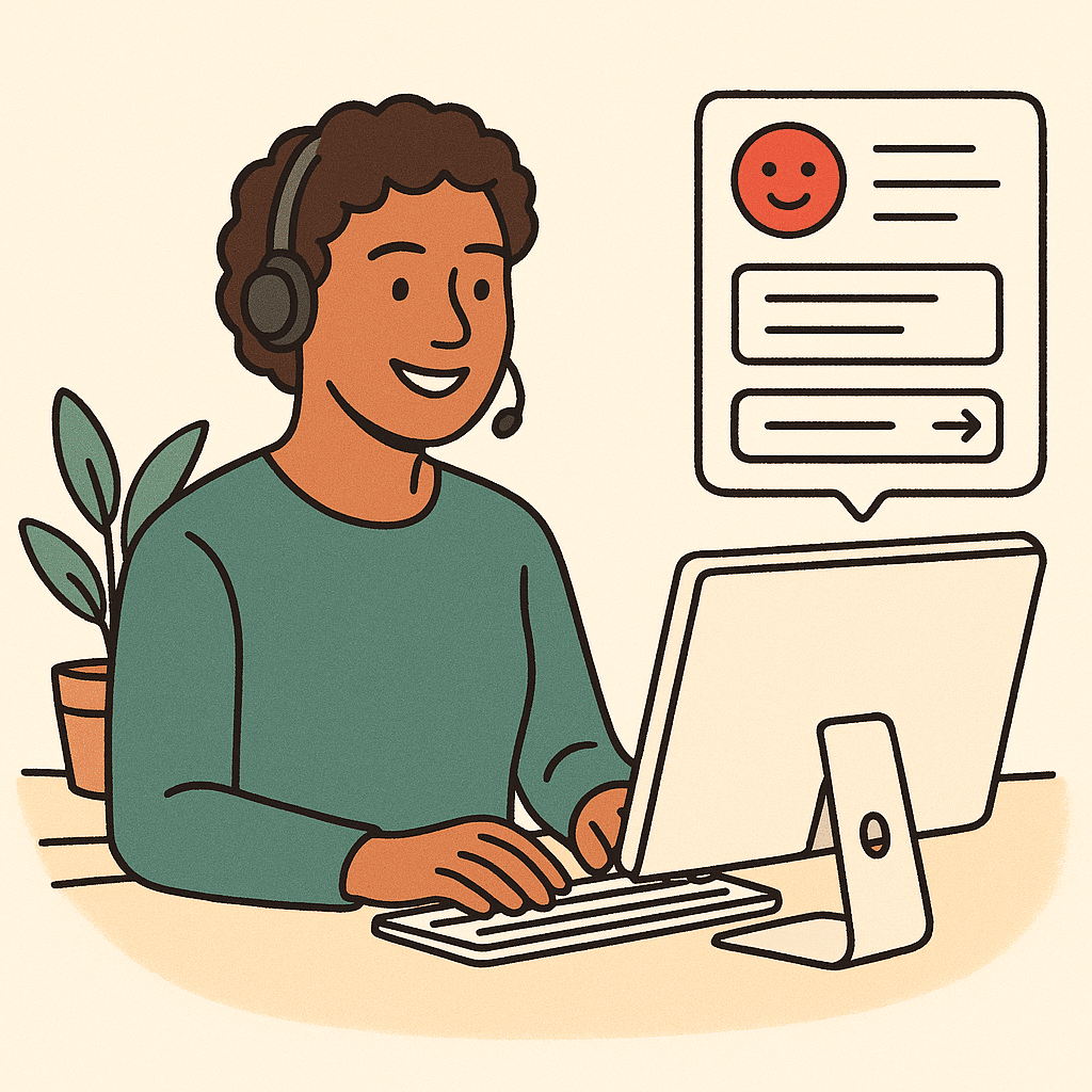 A friendly customer support specialist at a clean desk, smiling while an on-screen AI assistant suggests draft replies a