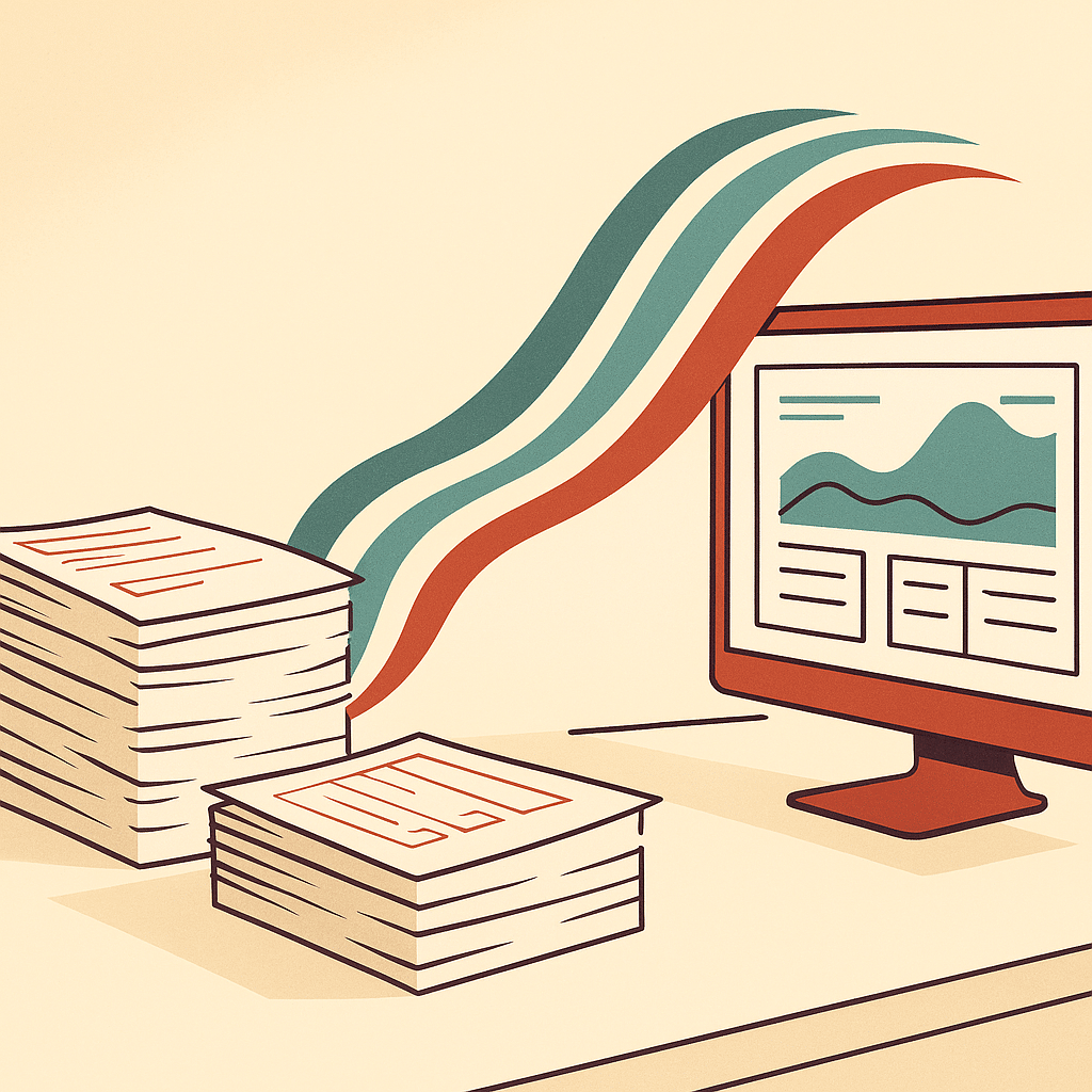 A close-up of a desk where stacks of paper forms visibly transform into smooth digital data streams flowing into a singl