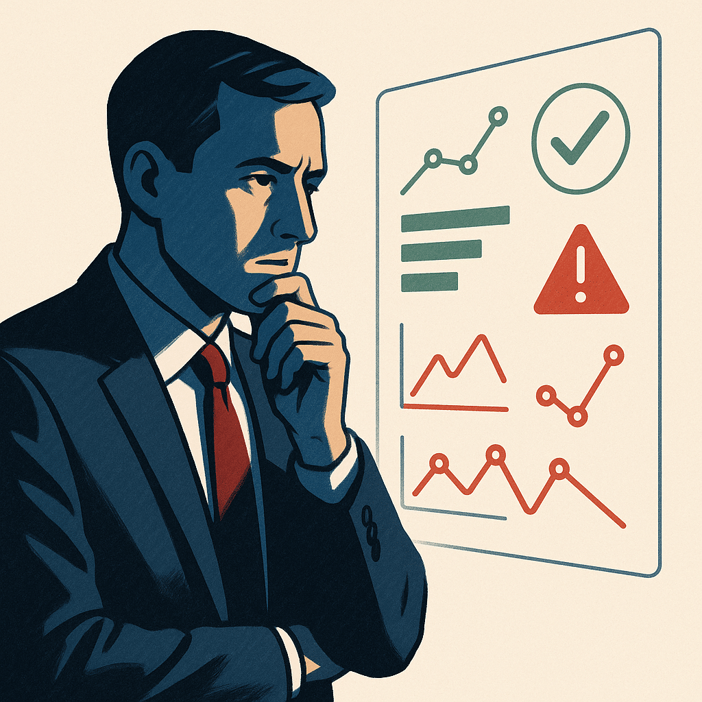 A businessperson studying a transparent screen showing both green positive metrics and red warning indicators, expressio