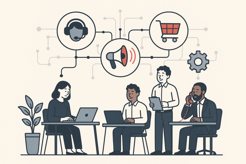 A clean, modern illustration showing a small business office environment with interconnected digital workflow elements.