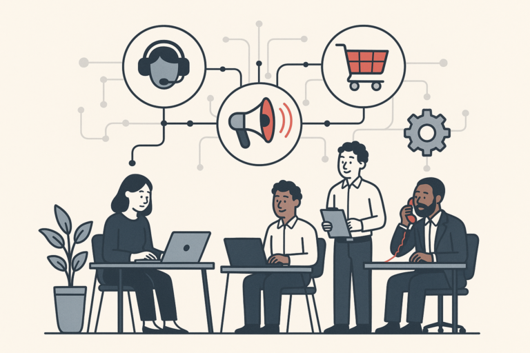 A clean, modern illustration showing a small business office environment with interconnected digital workflow elements.