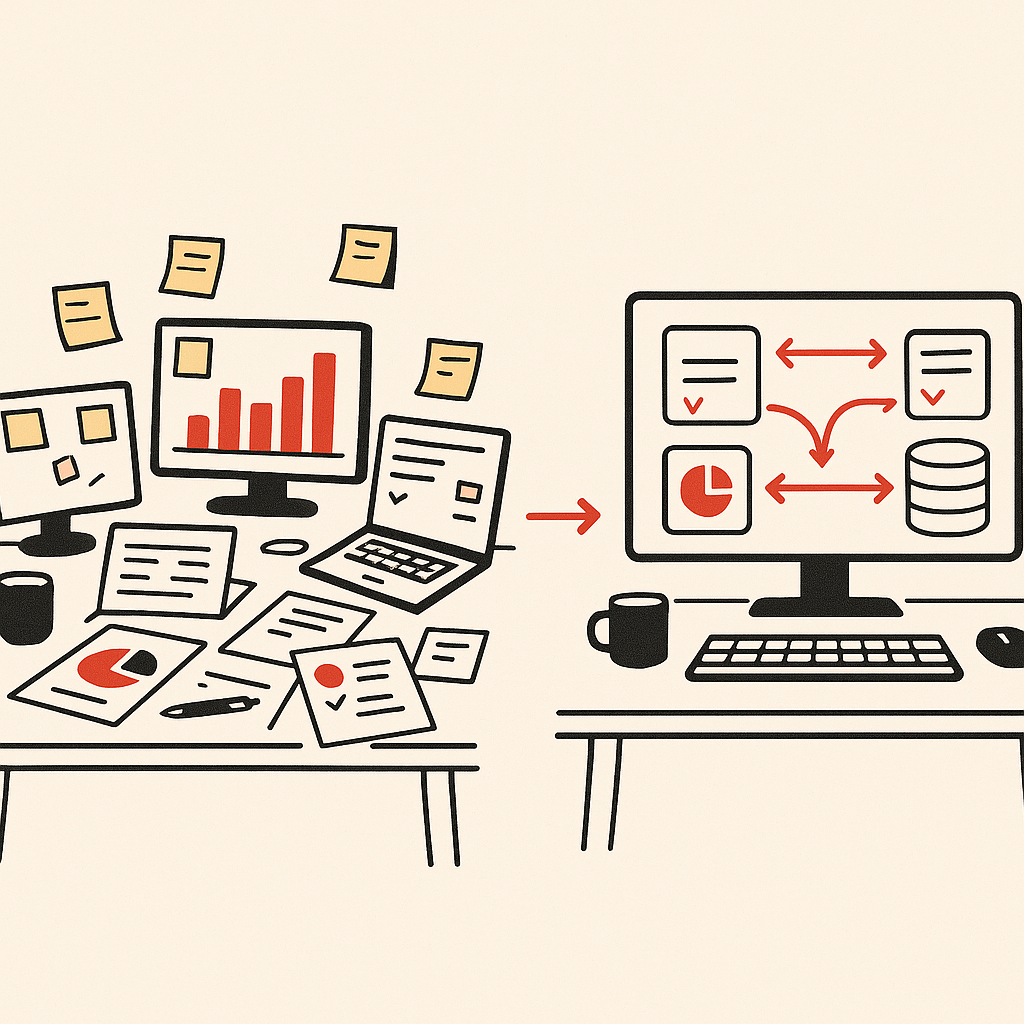 A before-and-after comparison showing a cluttered desk with multiple screens, sticky notes, and manual processes on the 