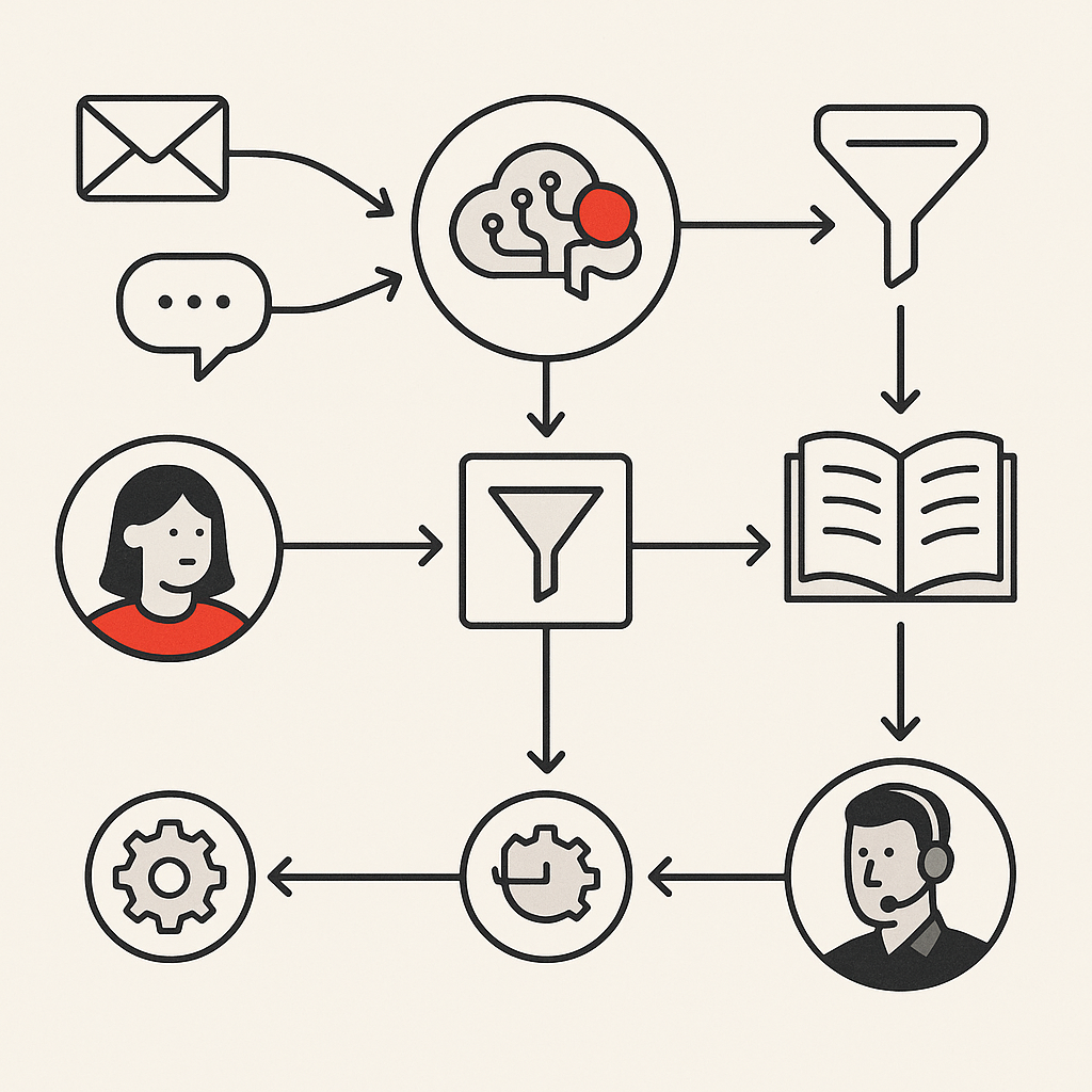A customer service workflow diagram showing the journey of a customer inquiry from initial contact through automated cat