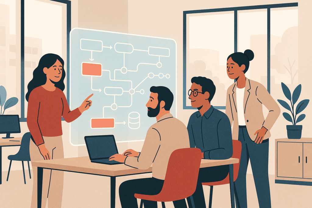 A wide hero shot of a calm, modern open-plan office where a small business team collaborates around a glowing translucen