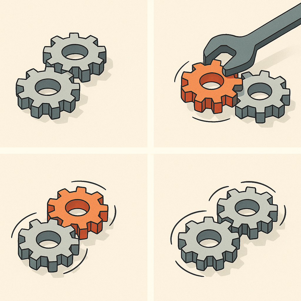 A step-by-step visual metaphor of a single highlighted gear in a machine being optimized while connected gears begin to 