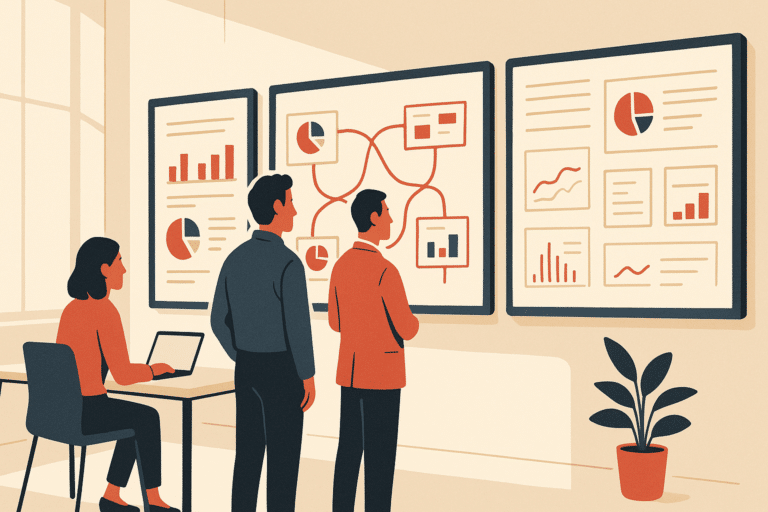A wide cinematic shot of a modern operations workspace where a small business team reviews interconnected workflow dashb