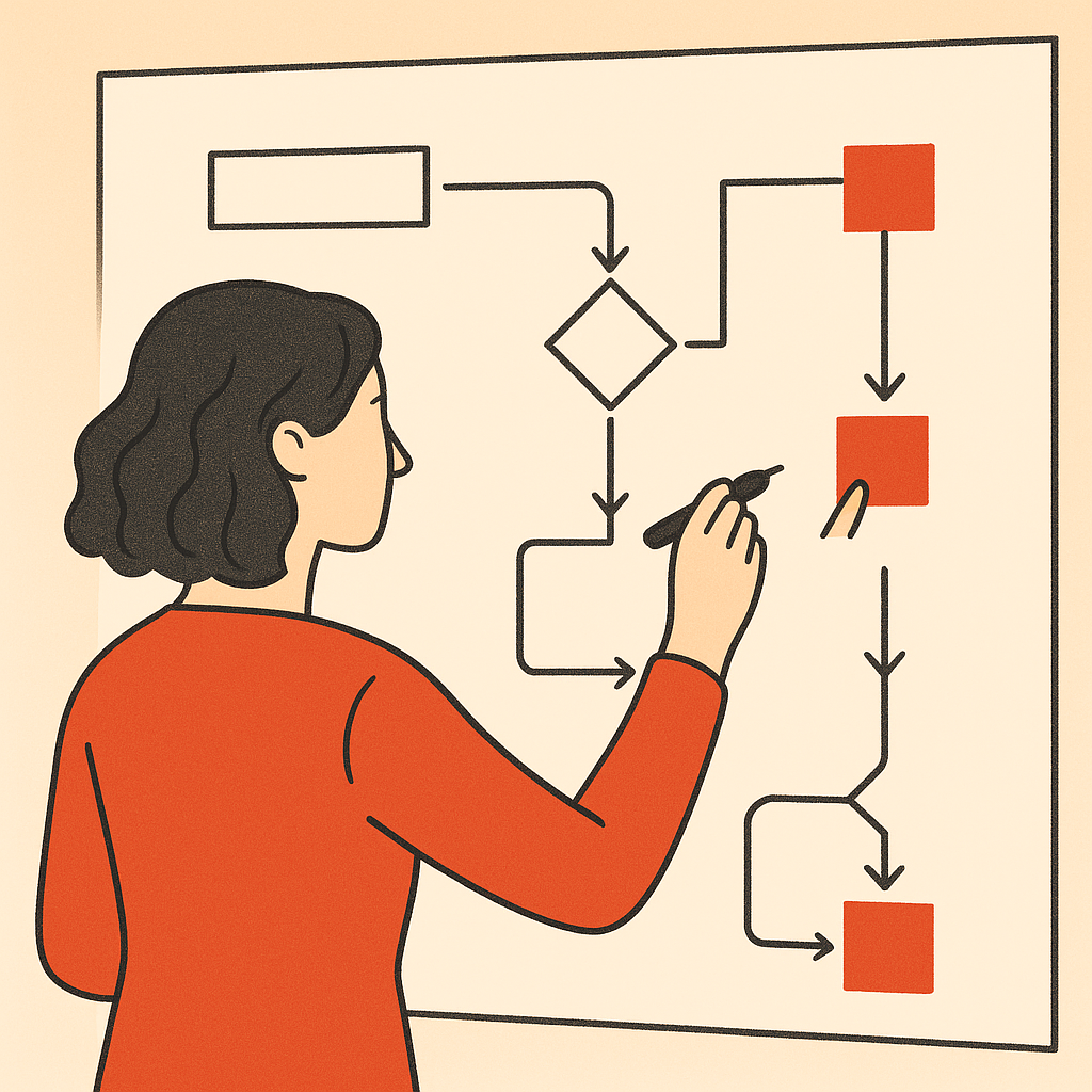 A practitioner mapping a workflow on a whiteboard, sticky notes marking decision points and exception paths, warm office
