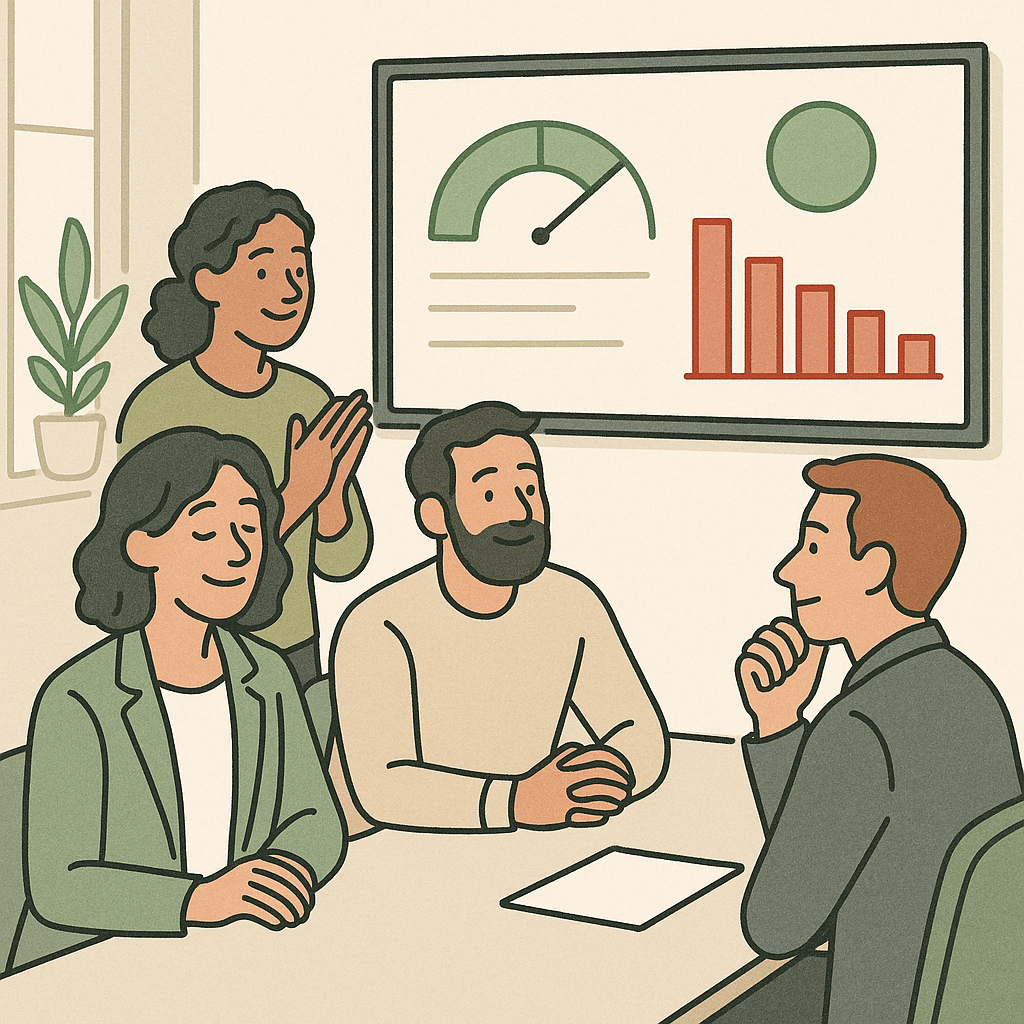 A small business team in a bright office reviewing a clean dashboard on a wall screen showing reclaimed hours and reduce