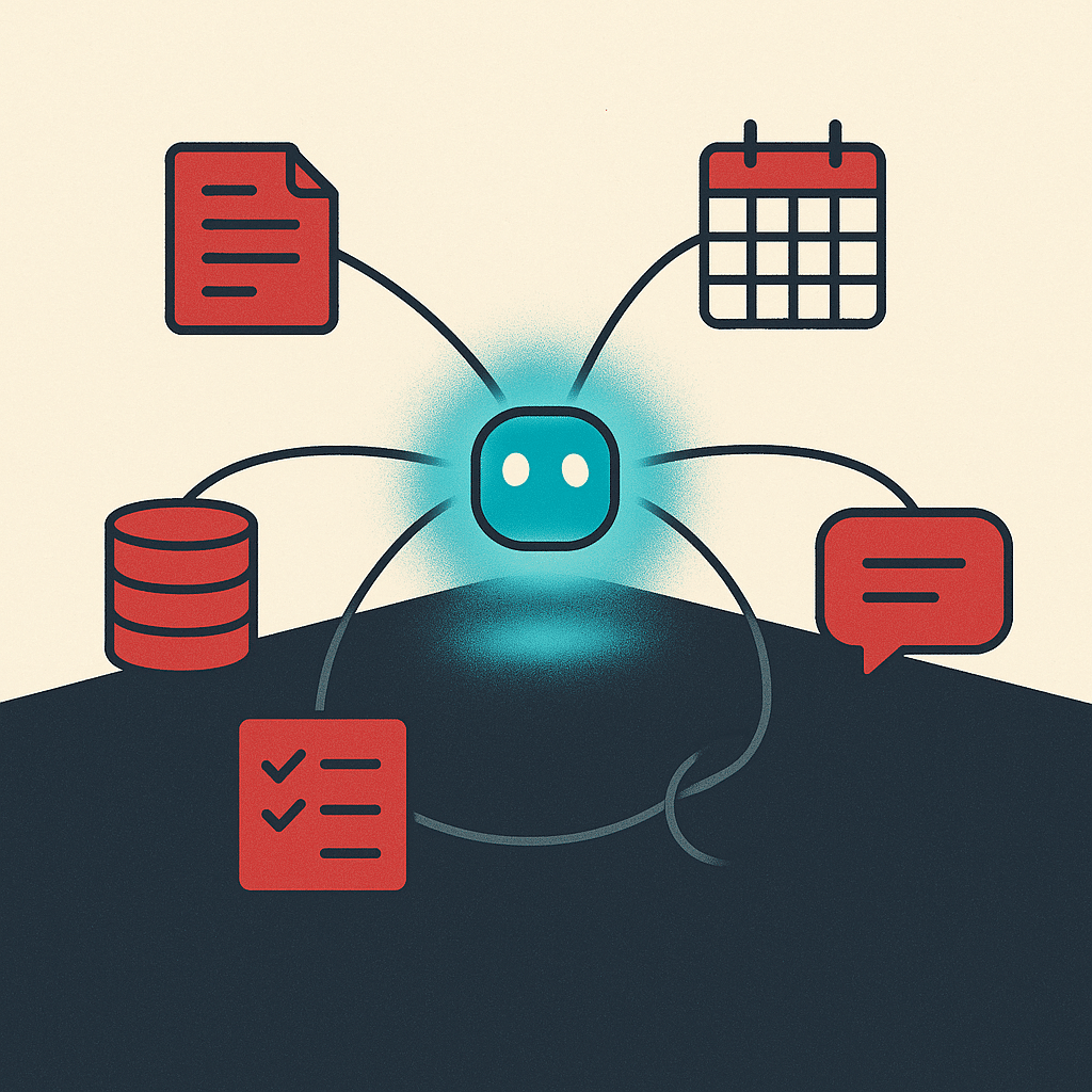 A conceptual visualization of an AI agent as a glowing node coordinating several connected task icons, documents, calend
