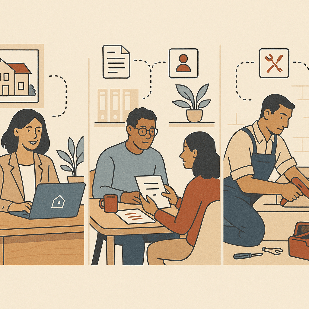 A split-scene composition showing three industries, a real estate office, a professional services desk, and a service bu