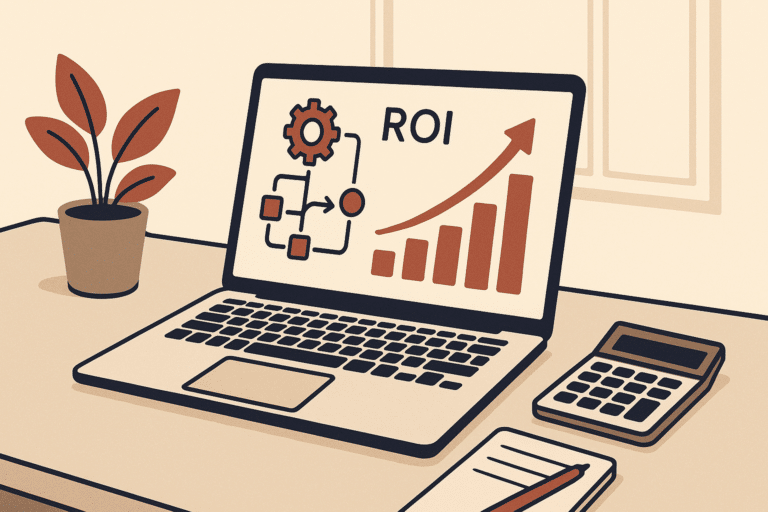 A clean modern office desk with a laptop displaying a glowing financial dashboard showing rising ROI charts and automati