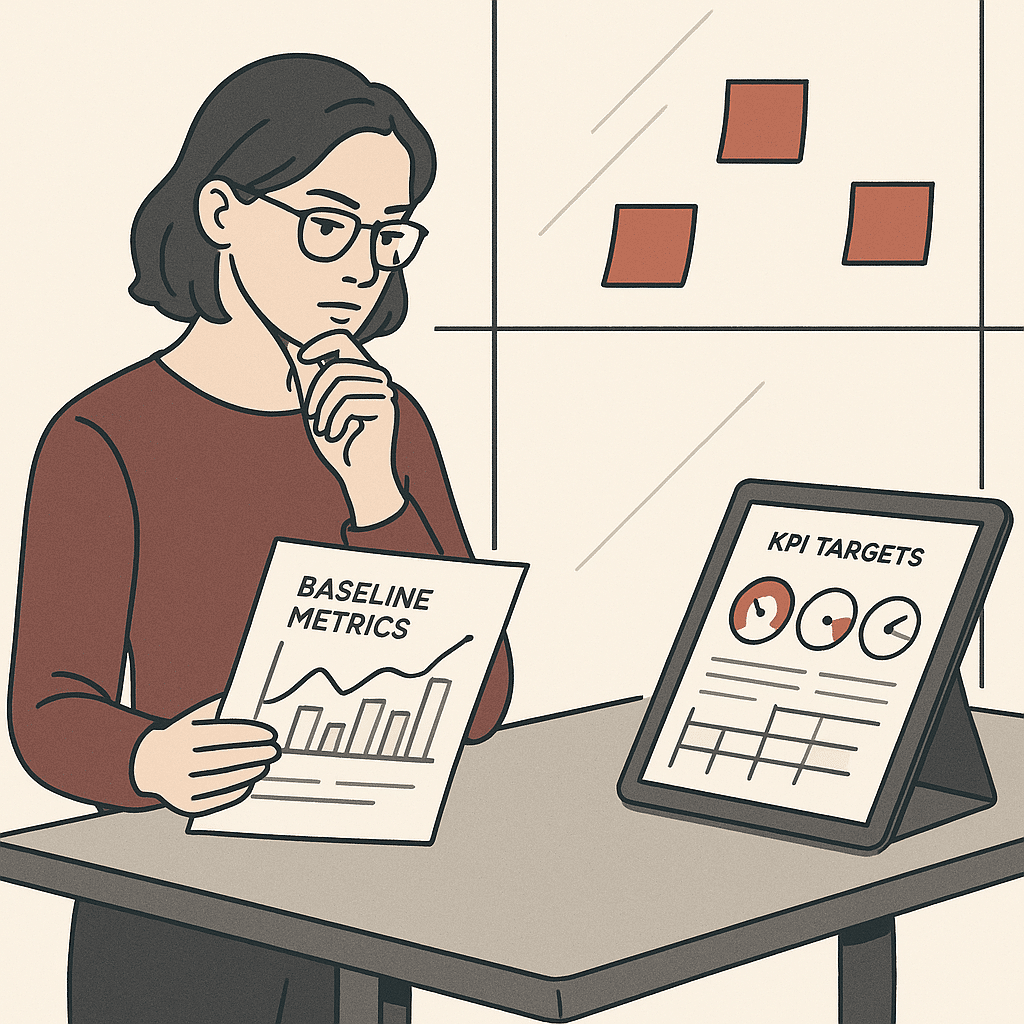 A business analyst at a standing desk reviewing a printed baseline metrics report alongside a tablet showing KPI targets