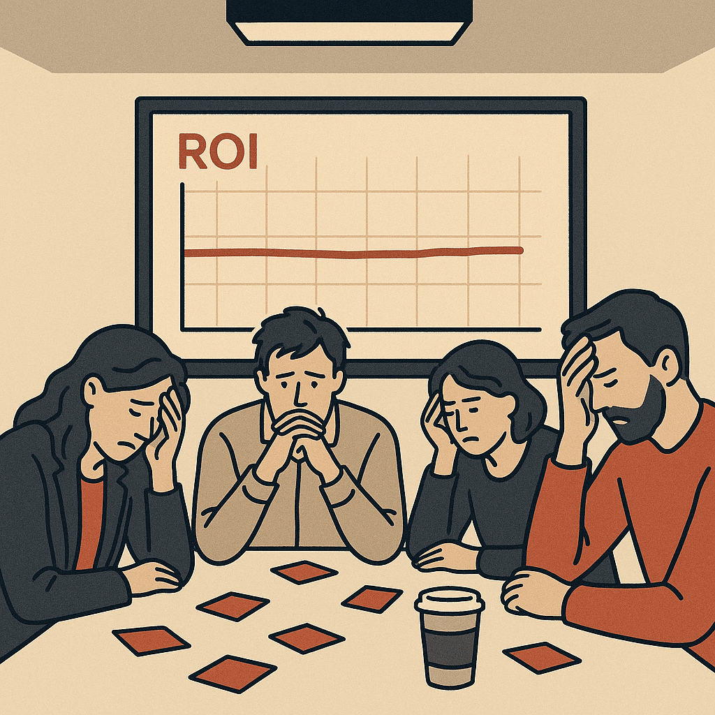 A frustrated project team in a meeting room looking at a wall screen showing a flat, underperforming ROI line chart, sca