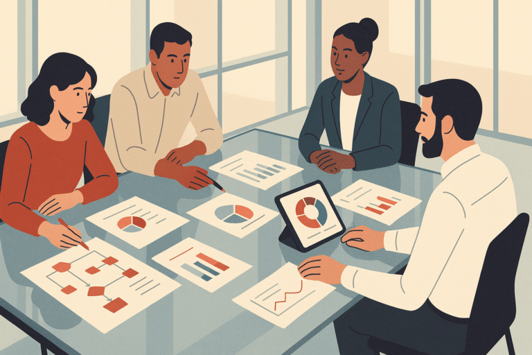 A wide overhead view of a modern operations team gathered around a large glass conference table covered with printed wor