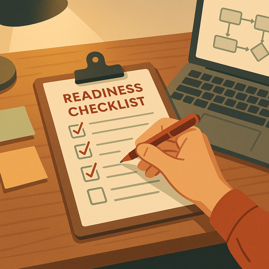 A practitioner's hand checking off items on a printed readiness checklist clipped to a board, with sticky notes and a la