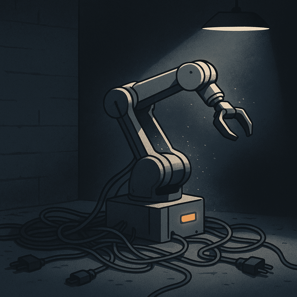 A symbolic image of a sleek modern machine or robotic arm sitting idle and gathering dust in a dim warehouse corner, sur