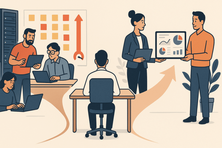 A wide split-scene business illustration showing two paths diverging from a single office desk: on the left, a busy in-h