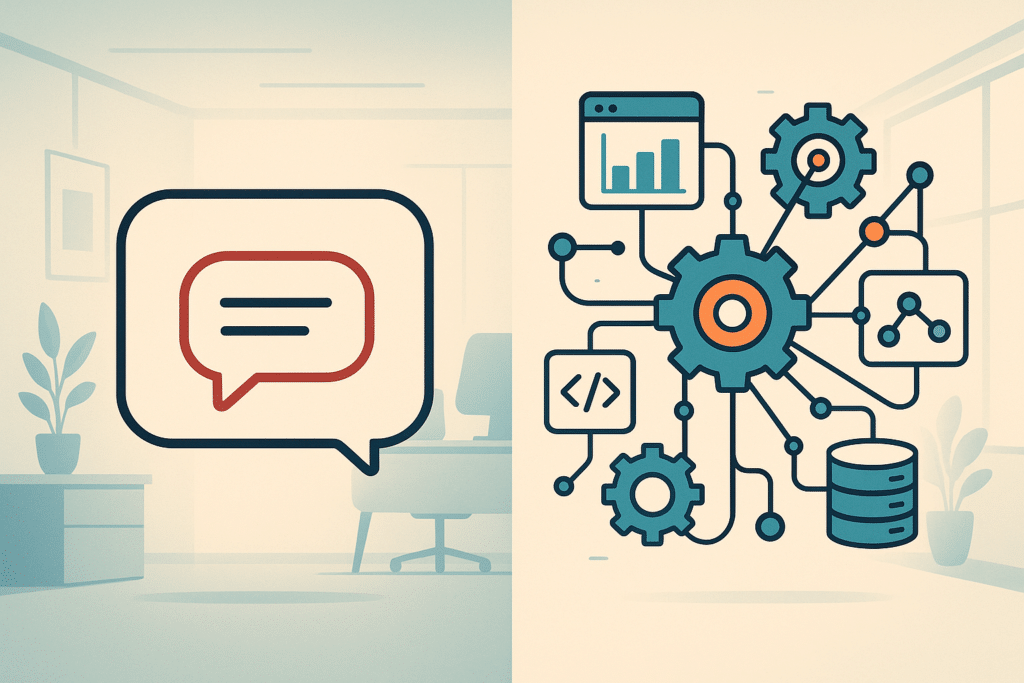 A wide conceptual illustration split down the middle: on the left a simple chat bubble with a speech icon, on the right