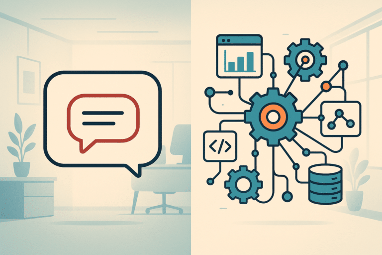 A wide conceptual illustration split down the middle: on the left a simple chat bubble with a speech icon, on the right