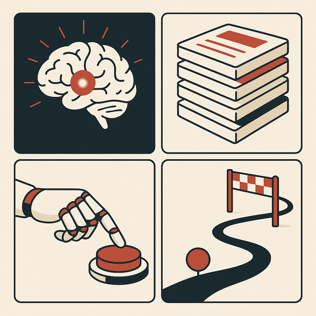 Four connected panels visualizing reasoning as a glowing brain node, memory as stacked data cards, action as a robotic h