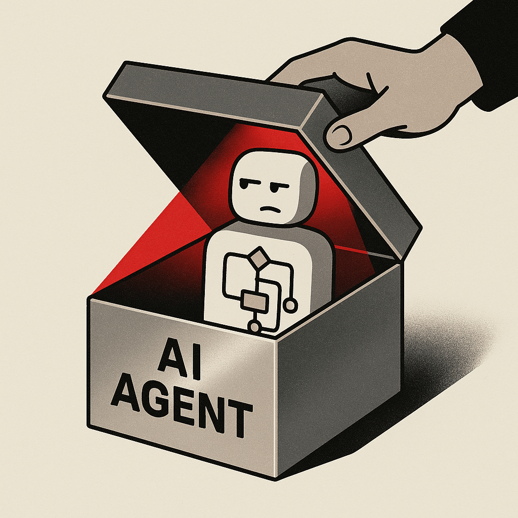 A shiny product box labeled "AI AGENT" being opened to reveal a small, plain scripted chatbot inside with visible if-the