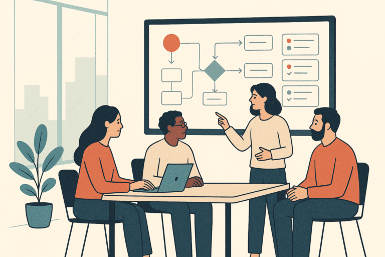 A wide, modern office scene where a small business team collaborates around a large screen displaying clean workflow dia