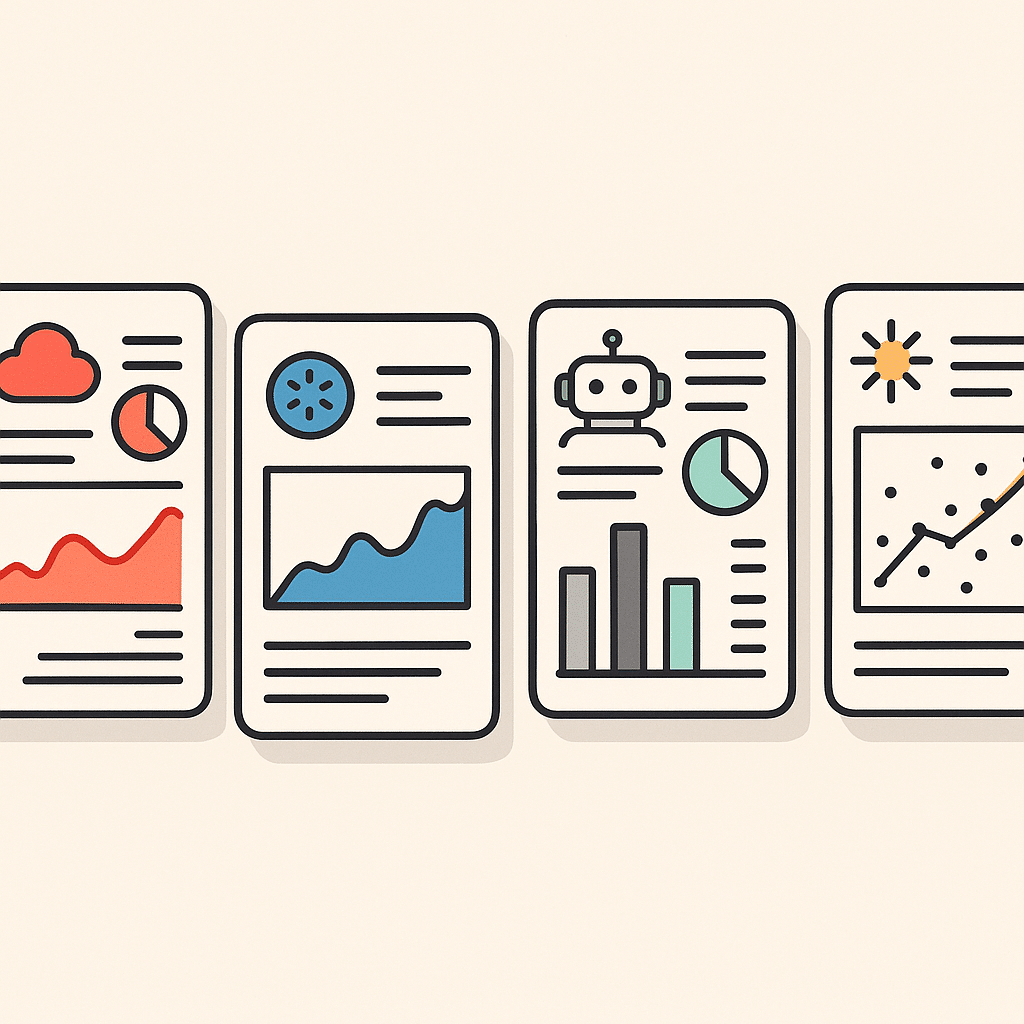 A clean flat-lay style comparison layout showing several stylized software dashboard panels floating side by side above 