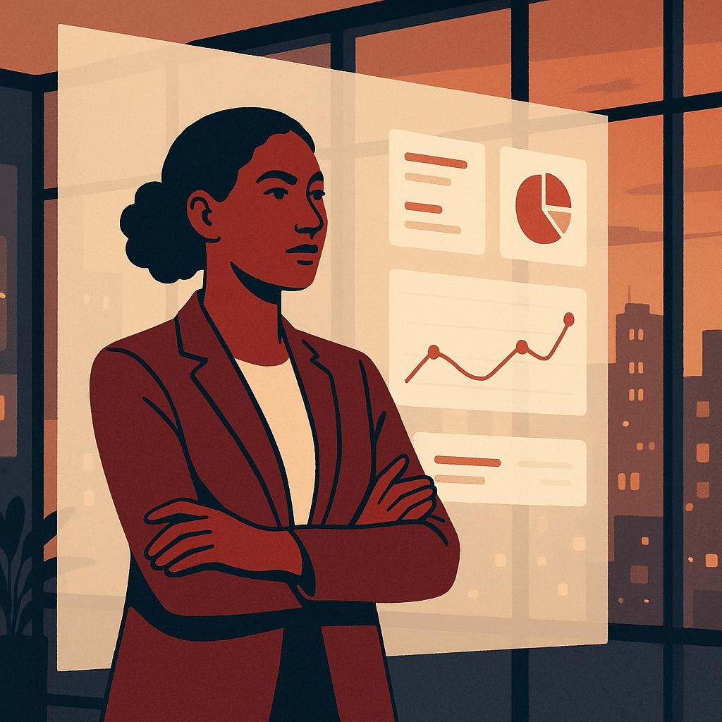 A confident operations leader standing before a large translucent data dashboard showing clear charts, trend lines, and 