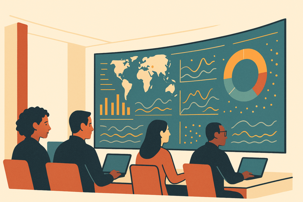 A wide hero shot of a modern operations control room where a diverse team reviews glowing data visualizations on large c