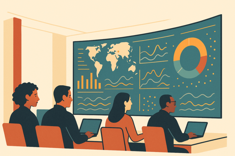 A wide hero shot of a modern operations control room where a diverse team reviews glowing data visualizations on large c