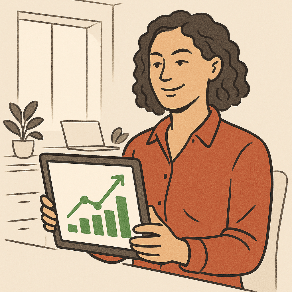 A confident small business owner in a bright modern office glancing at a tablet showing a simple upward trend and clear 