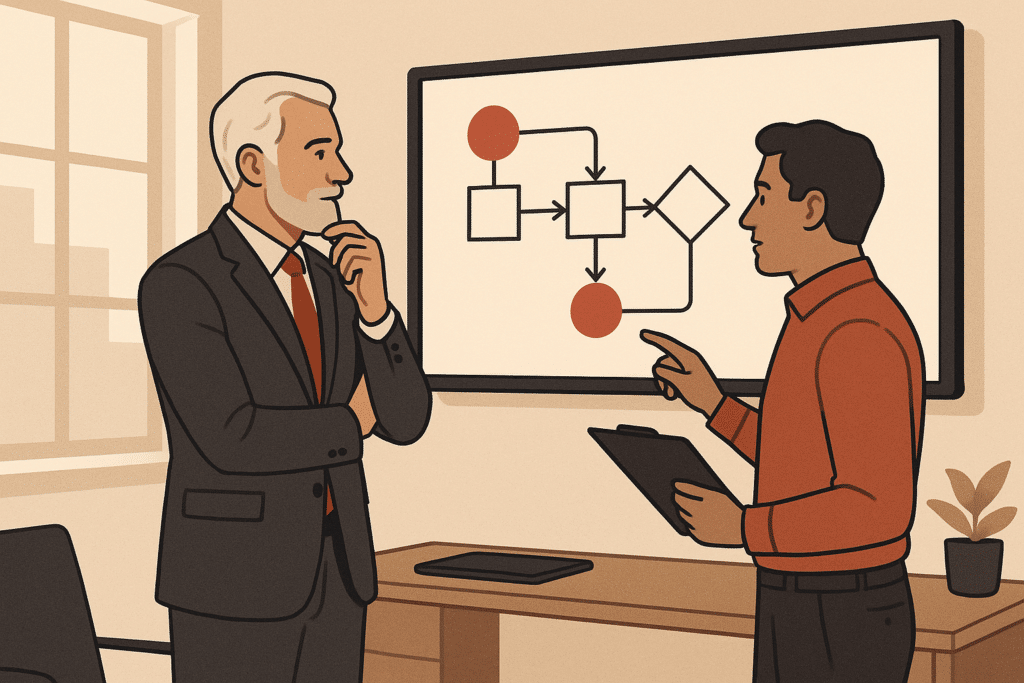 A calm, experienced operations advisor and a business owner reviewing a simplified workflow diagram on a large wall-moun