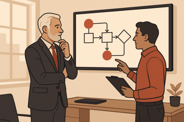 A calm, experienced operations advisor and a business owner reviewing a simplified workflow diagram on a large wall-moun