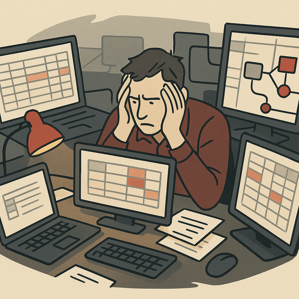 A frustrated small business operations manager surrounded by multiple mismatched screens showing scattered spreadsheets 