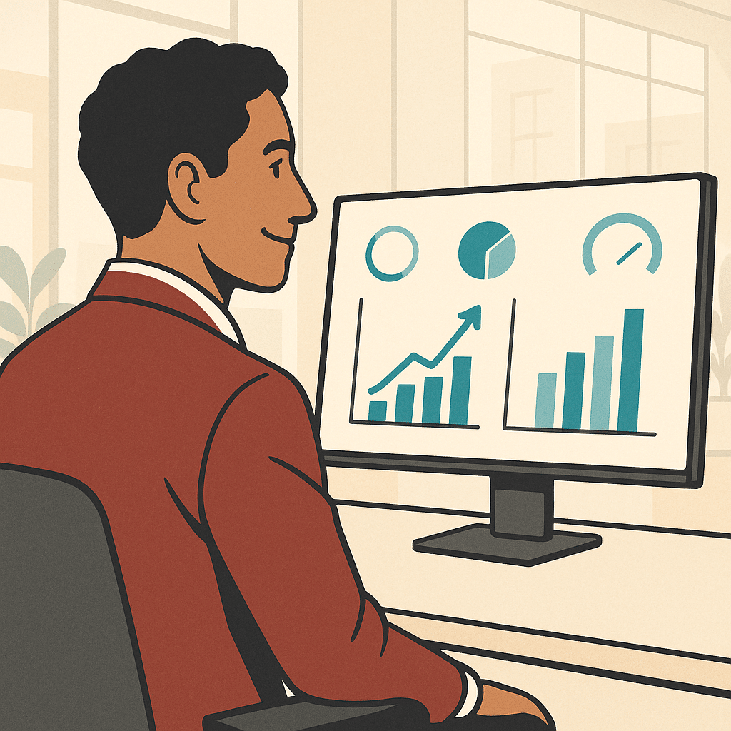 A clean business dashboard on a widescreen monitor showing rising efficiency metrics and reduced manual-task hours, view