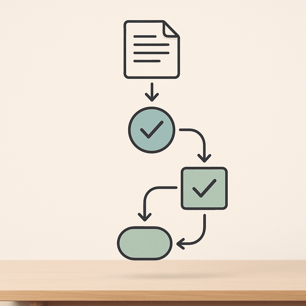 A clean flowchart-style visualization floating above a desk, showing a document moving through review, approval, and rou