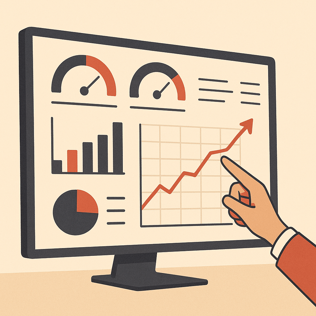 A business dashboard on a widescreen monitor showing clean charts and metrics like processing time and accuracy percenta