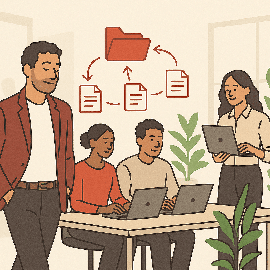 A relaxed business founder stepping away from a desk while a team confidently accesses a shared digital document system 