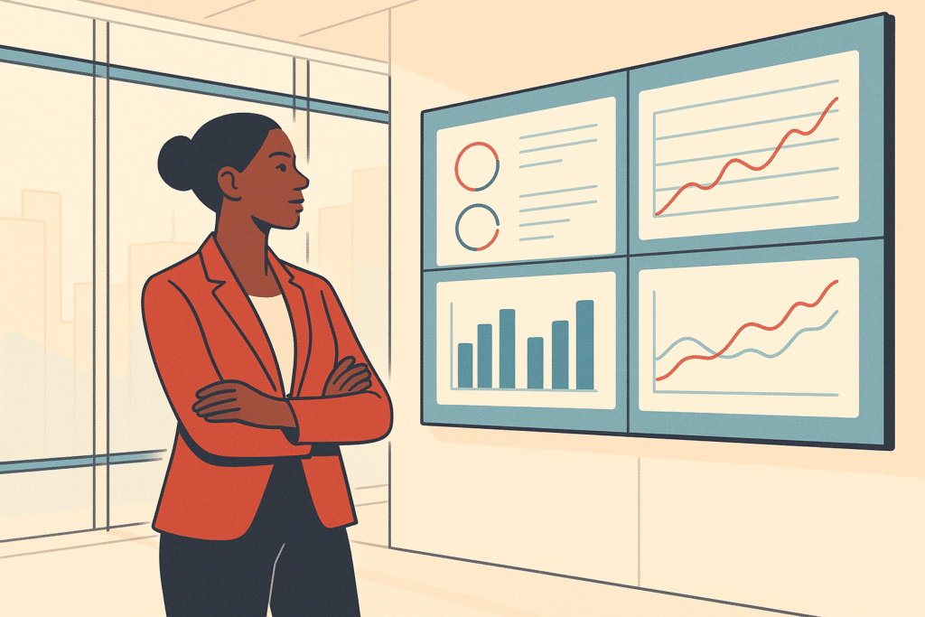A confident operations leader standing in a modern glass-walled office reviewing a large interactive wall display showin