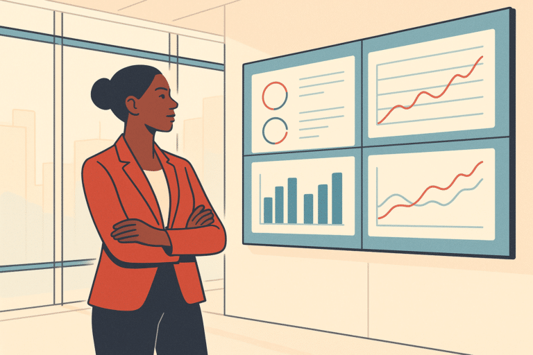 A confident operations leader standing in a modern glass-walled office reviewing a large interactive wall display showin